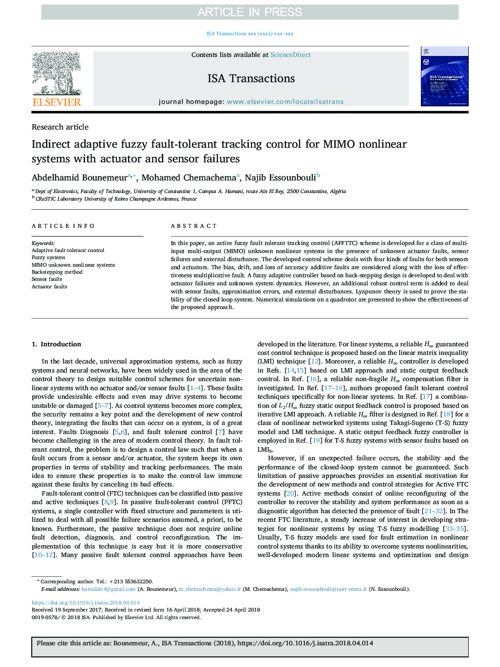 Indirect adaptive fuzzy fault-tolerant tracking control for MIMO nonlinear systems with actuator and sensor failures