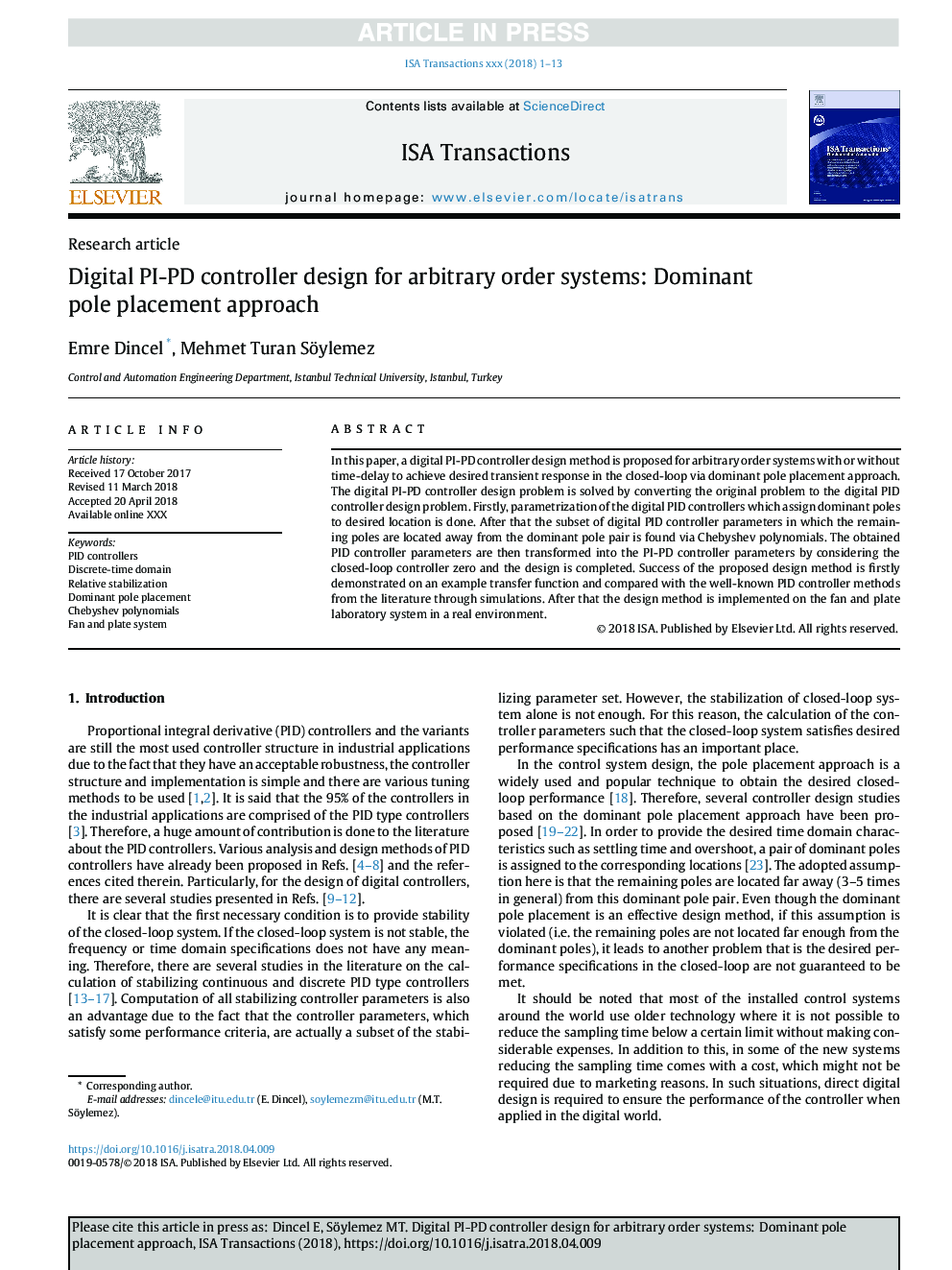 Digital PI-PD controller design for arbitrary order systems: Dominant pole placement approach