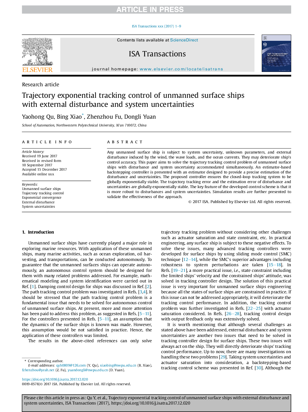 Trajectory exponential tracking control of unmanned surface ships with external disturbance and system uncertainties