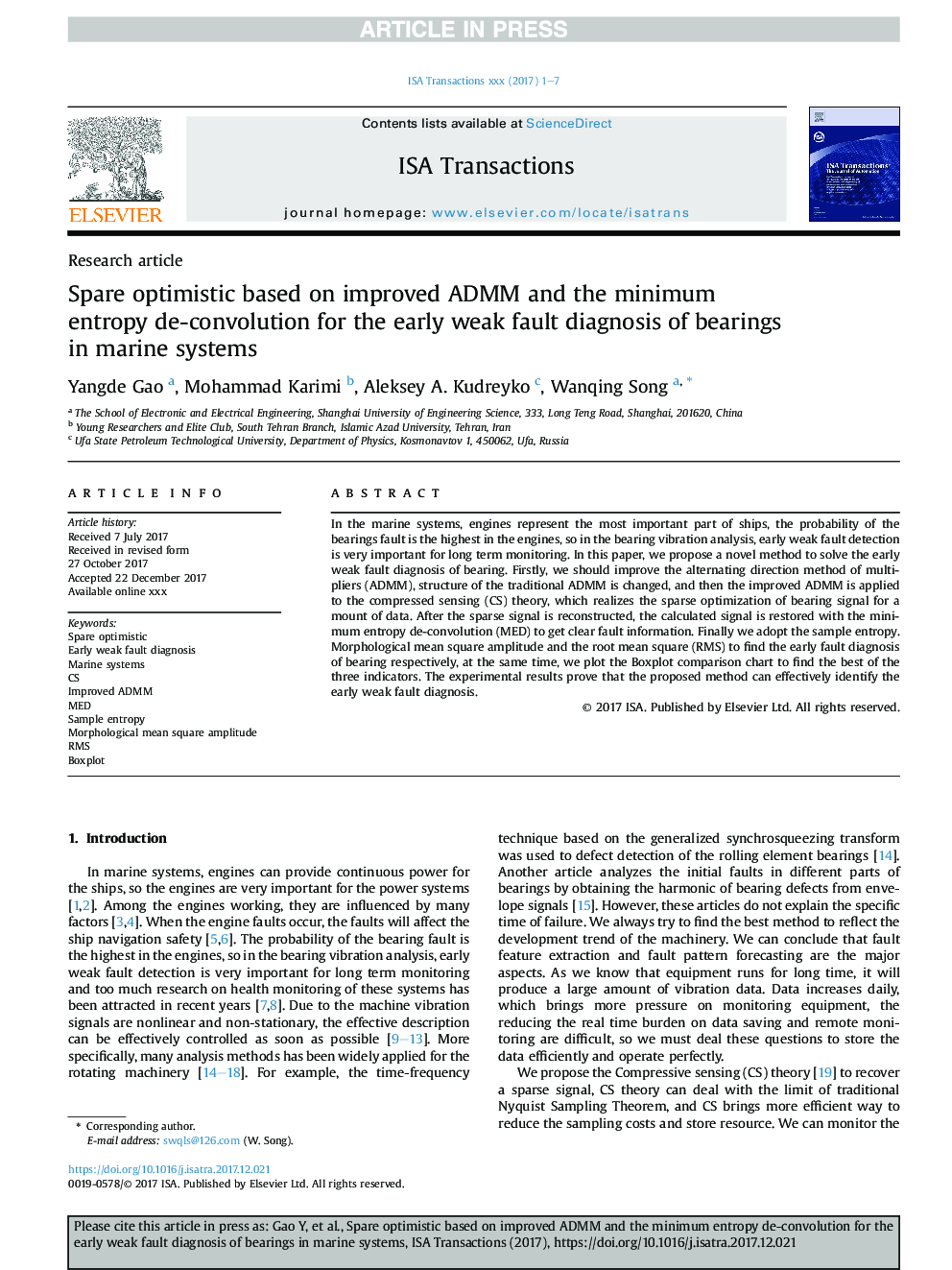 Spare optimistic based on improved ADMM and the minimum entropy de-convolution for the early weak fault diagnosis of bearings in marine systems