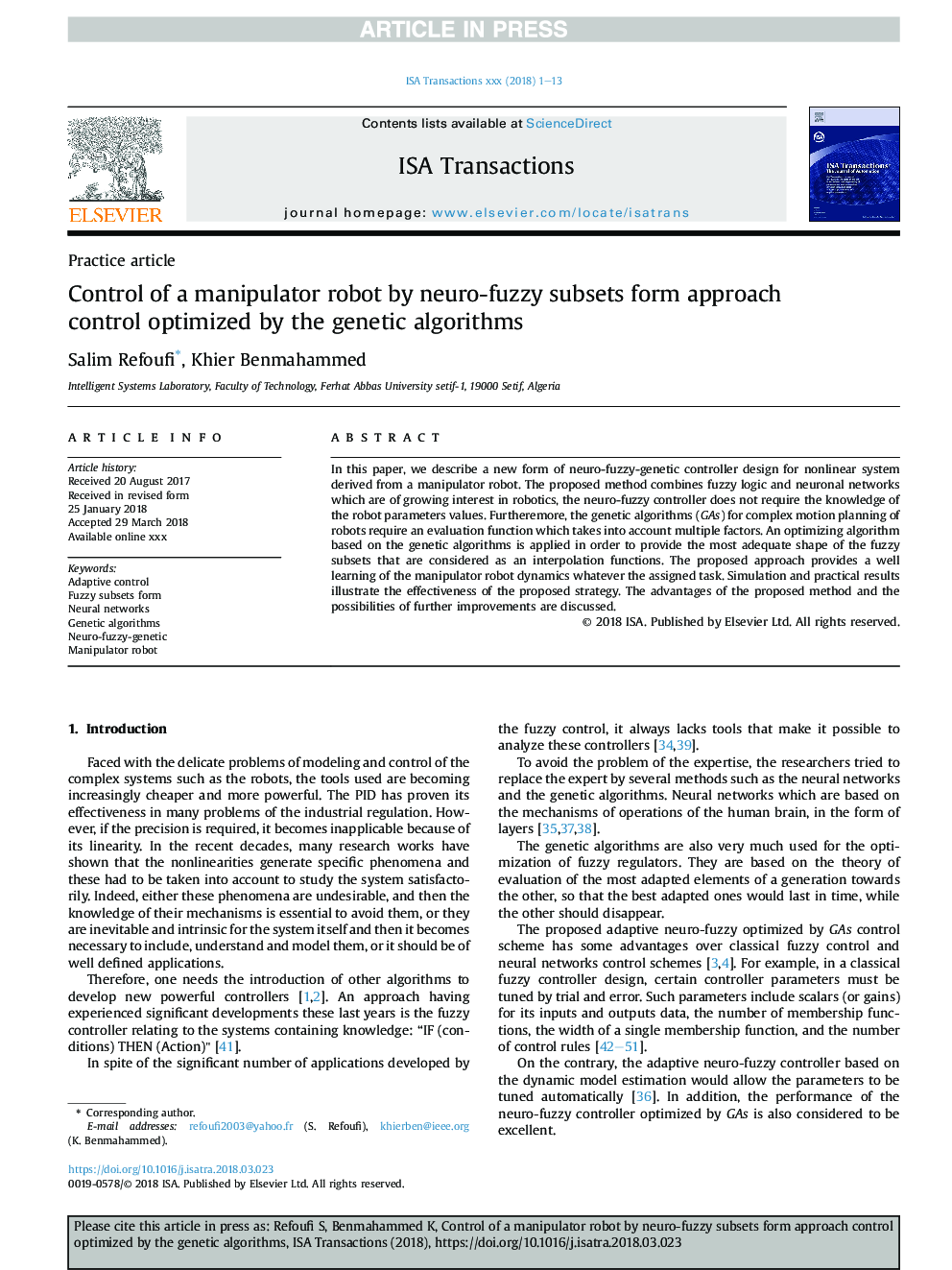 Control of a manipulator robot by neuro-fuzzy subsets form approach control optimized by the genetic algorithms