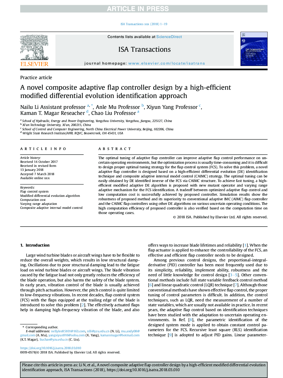 A novel composite adaptive flap controller design by a high-efficient modified differential evolution identification approach