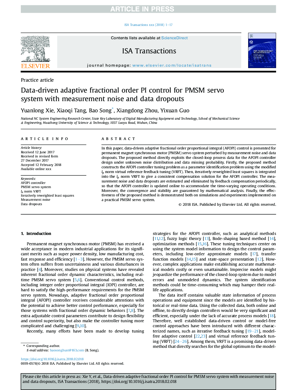 Data-driven adaptive fractional order PI control for PMSM servo system with measurement noise and data dropouts