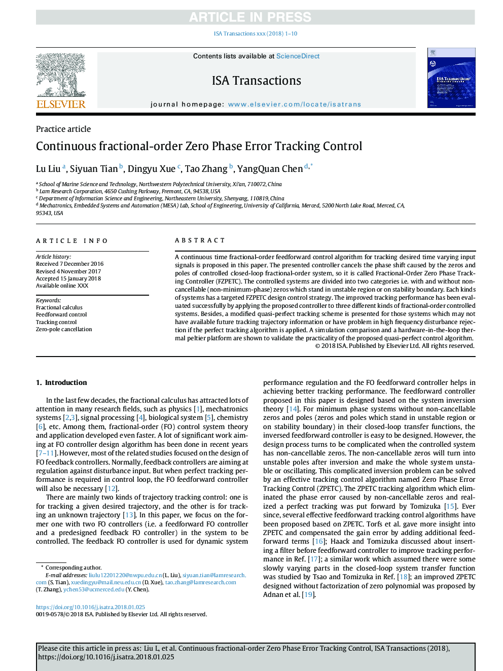 Continuous fractional-order Zero Phase Error Tracking Control