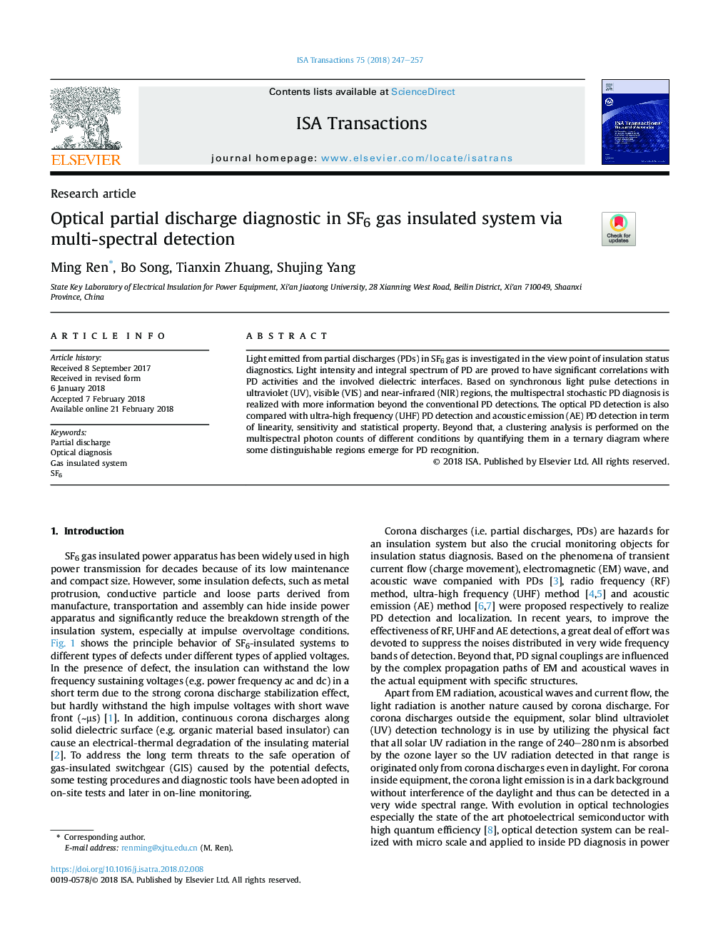 Optical partial discharge diagnostic in SF6 gas insulated system via multi-spectral detection