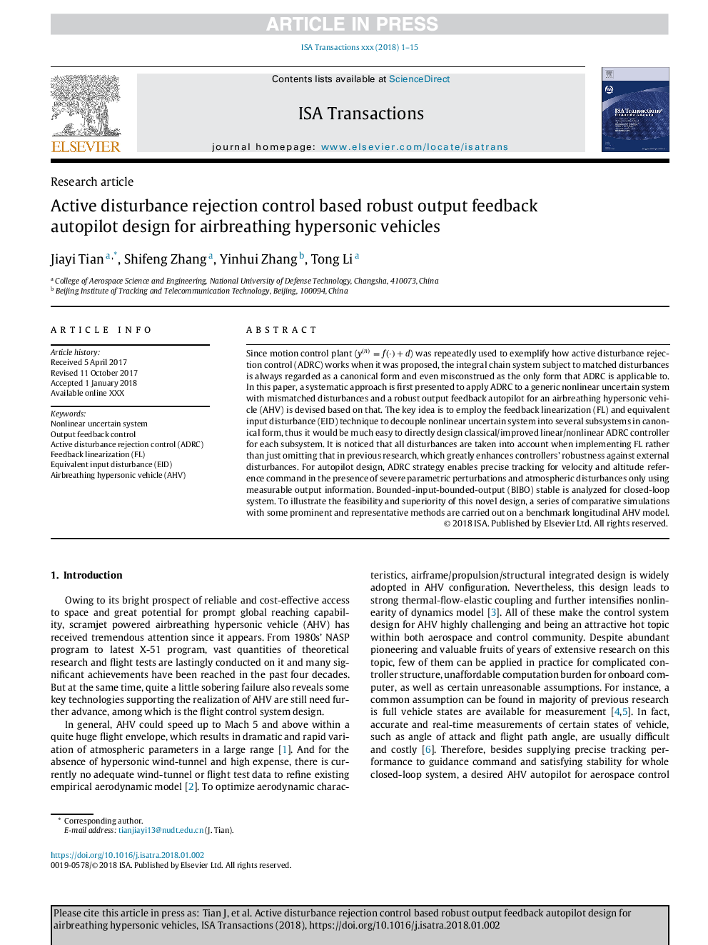 Active disturbance rejection control based robust output feedback autopilot design for airbreathing hypersonic vehicles