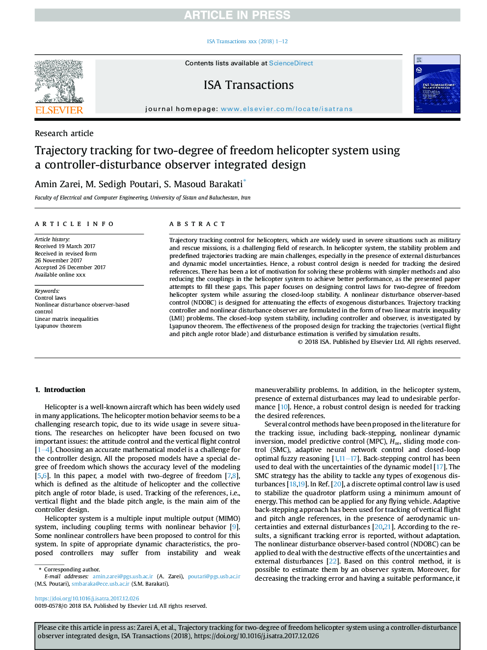 Trajectory tracking for two-degree of freedom helicopter system using a controller-disturbance observer integrated design