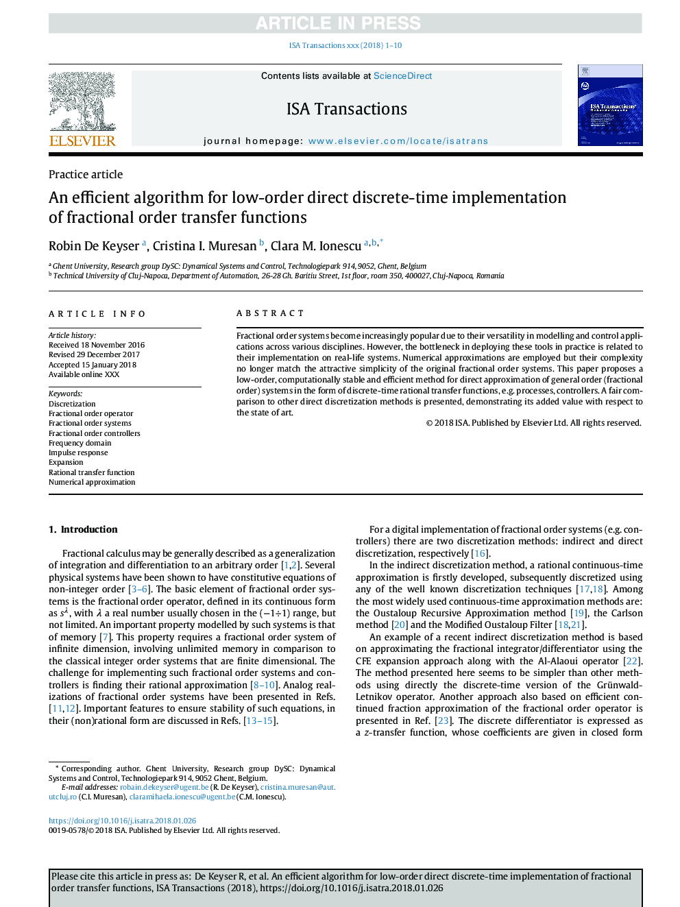 An efficient algorithm for low-order direct discrete-time implementation of fractional order transfer functions