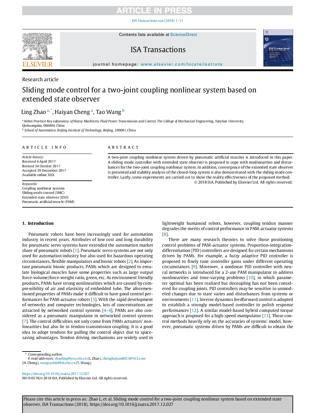 Sliding mode control for a two-joint coupling nonlinear system based on extended state observer