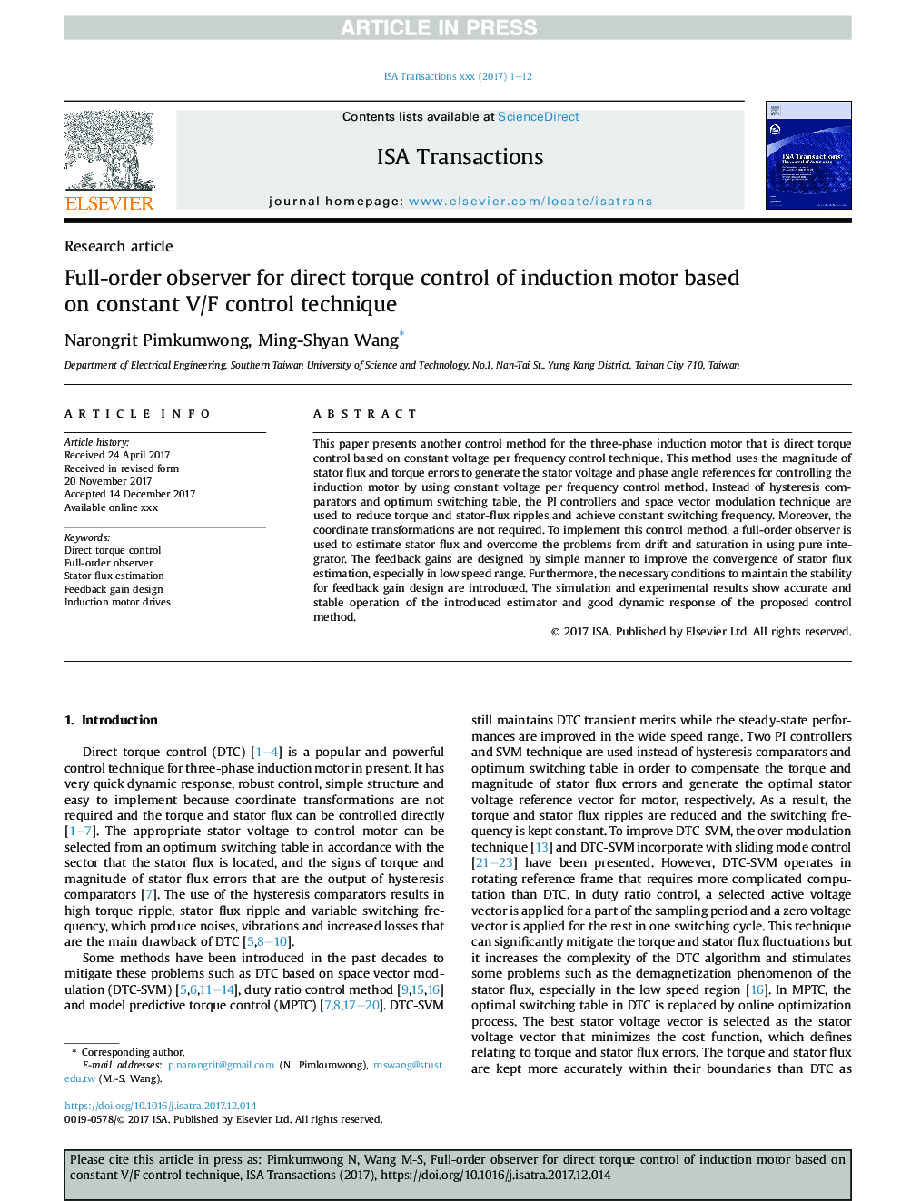 Full-order observer for direct torque control of induction motor based on constant V/F control technique