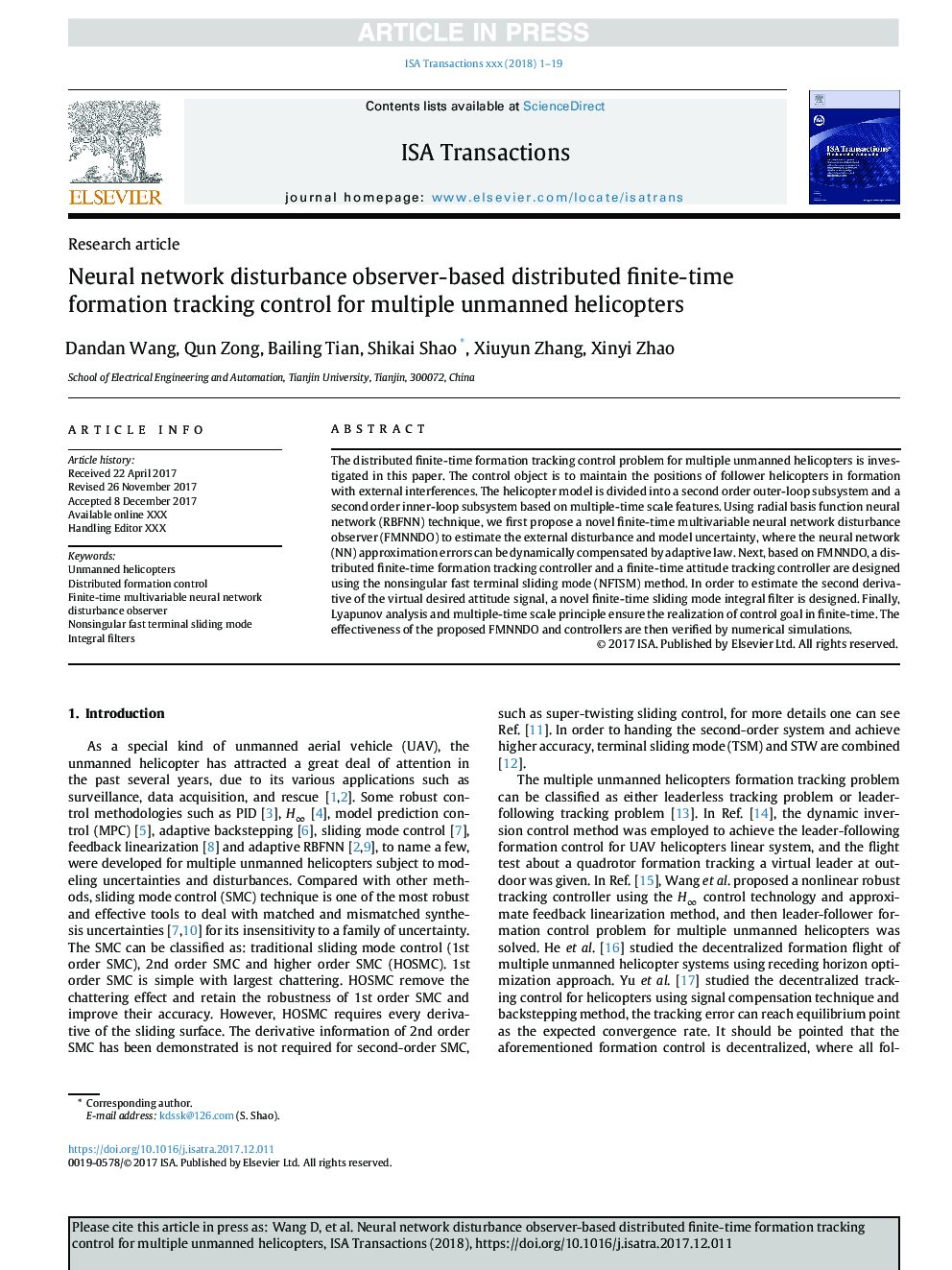 Neural network disturbance observer-based distributed finite-time formation tracking control for multiple unmanned helicopters