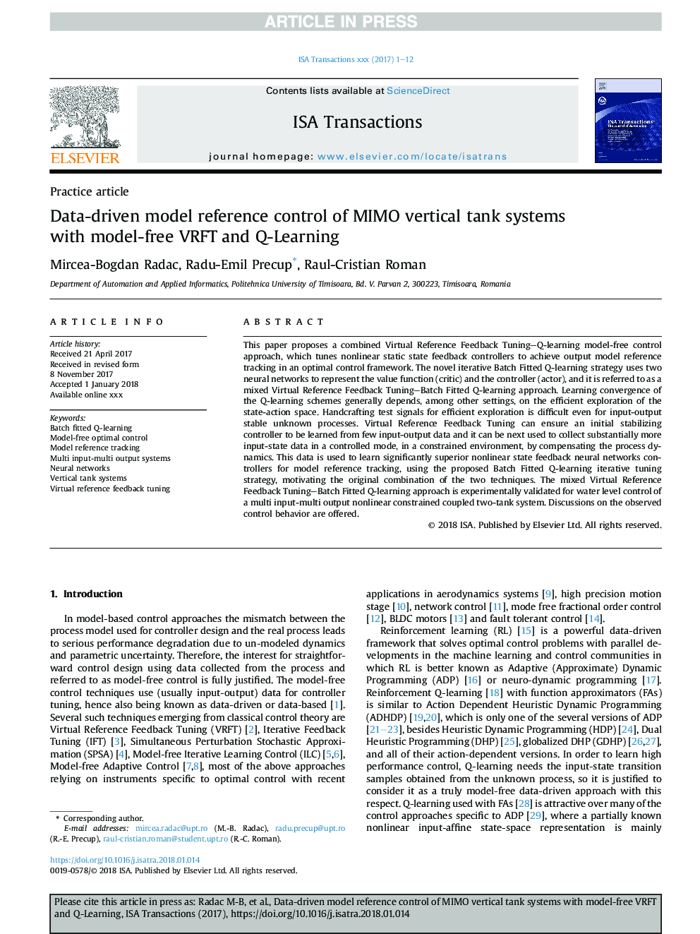 Data-driven model reference control of MIMO vertical tank systems with model-free VRFT and Q-Learning