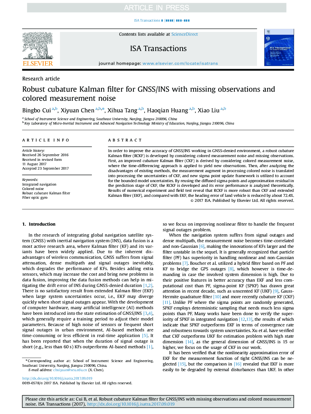 Robust cubature Kalman filter for GNSS/INS with missing observations and colored measurement noise