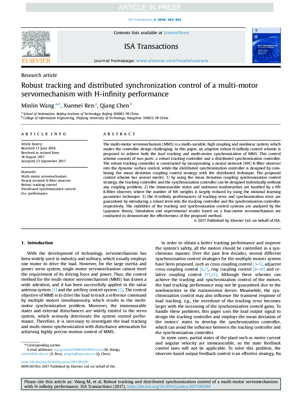 Robust tracking and distributed synchronization control of a multi-motor servomechanism with H-infinity performance