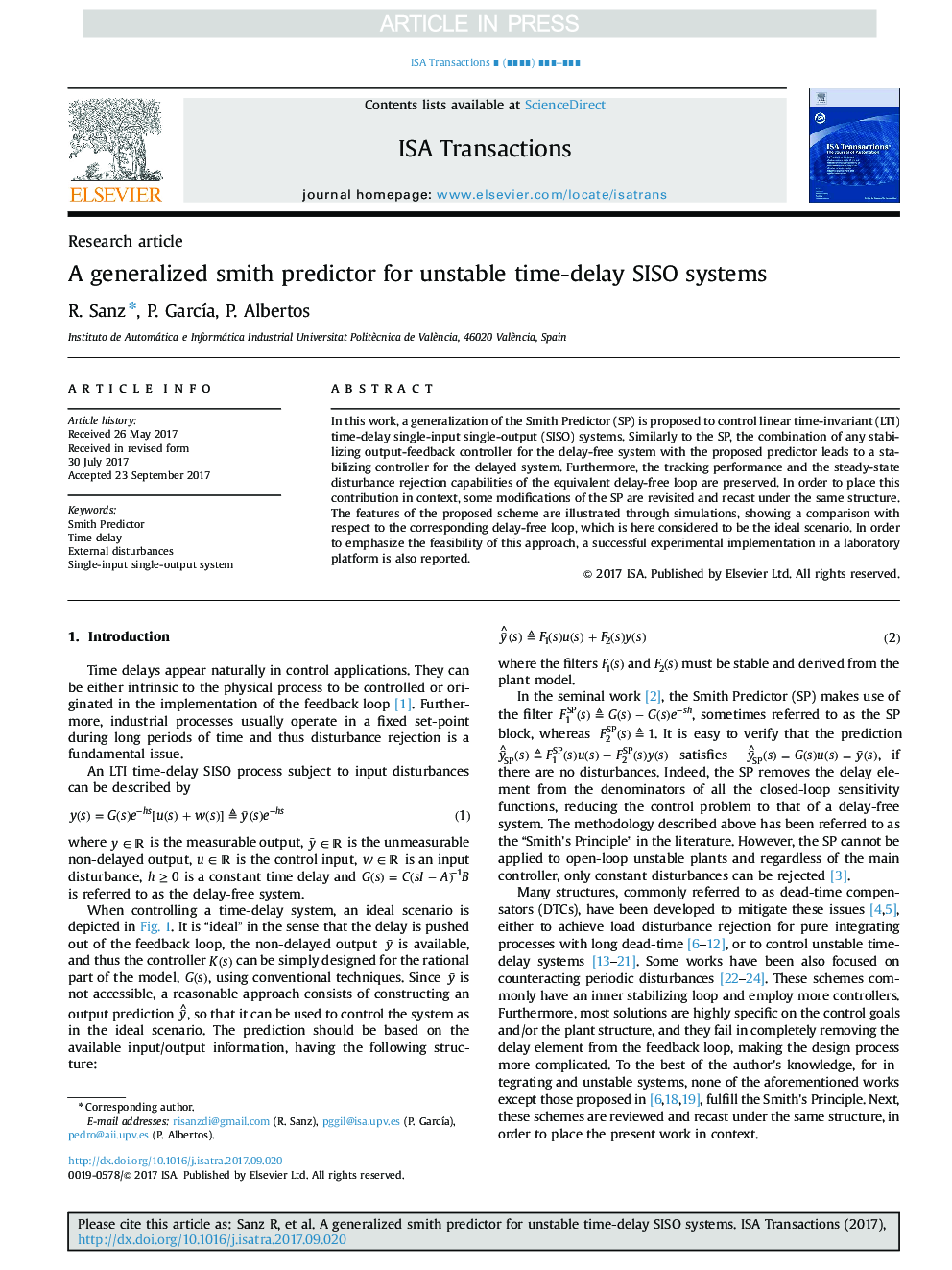 A generalized smith predictor for unstable time-delay SISO systems