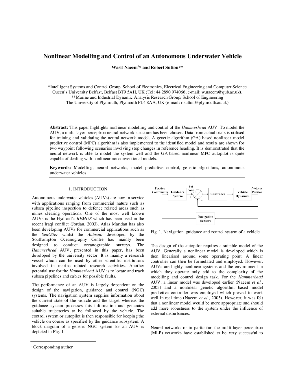 عکس صفحه اول مقاله: Nonlinear Modelling and Control of an Autonomous Underwater Vehicle Nonlinear Modelling and Control of an Autonomous Underwater Vehicle