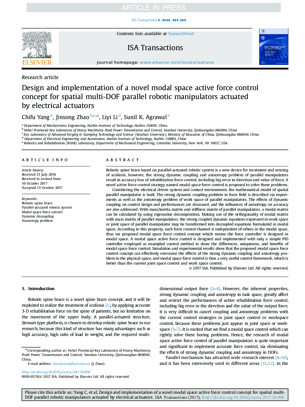 Design and implementation of a novel modal space active force control concept for spatial multi-DOF parallel robotic manipulators actuated by electrical actuators