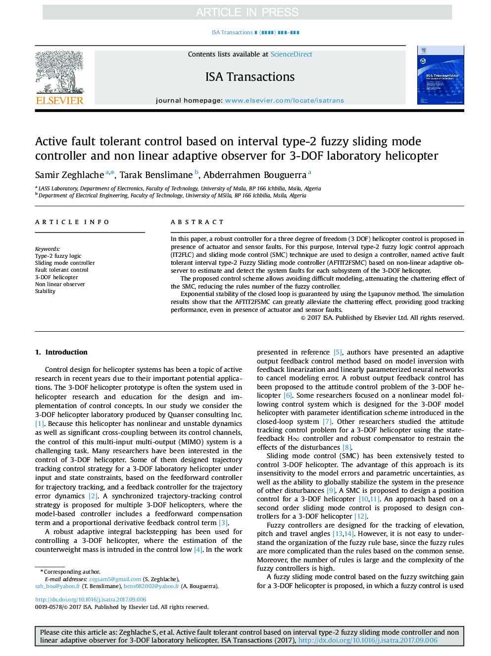 Active fault tolerant control based on interval type-2 fuzzy sliding mode controller and non linear adaptive observer for 3-DOF laboratory helicopter