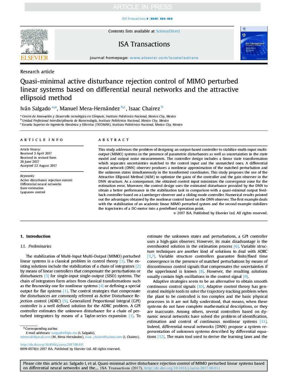 Quasi-minimal active disturbance rejection control of MIMO perturbed linear systems based on differential neural networks and the attractive ellipsoid method