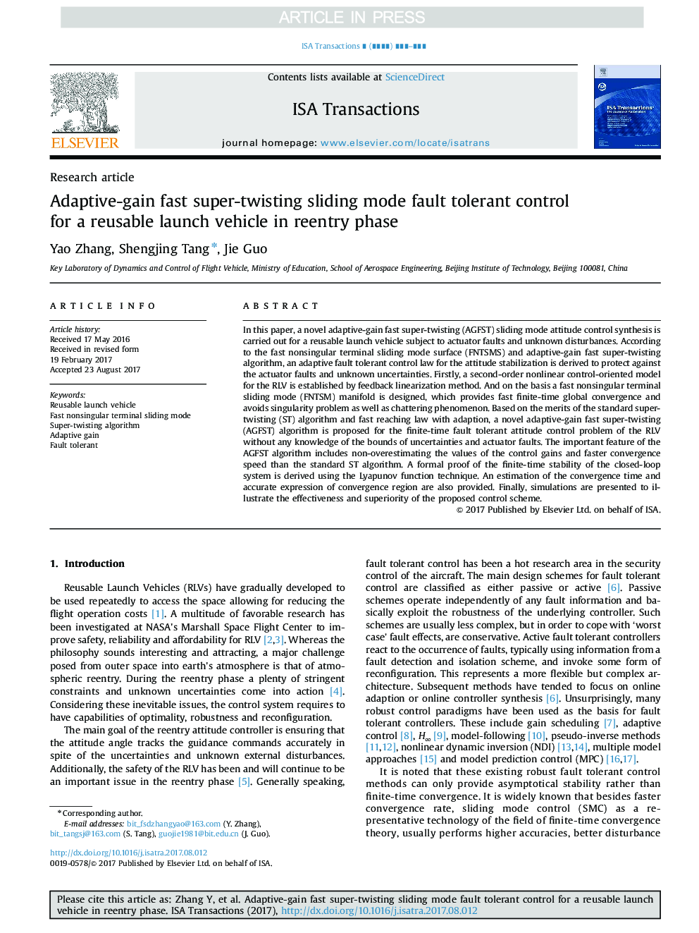 Adaptive-gain fast super-twisting sliding mode fault tolerant control for a reusable launch vehicle in reentry phase