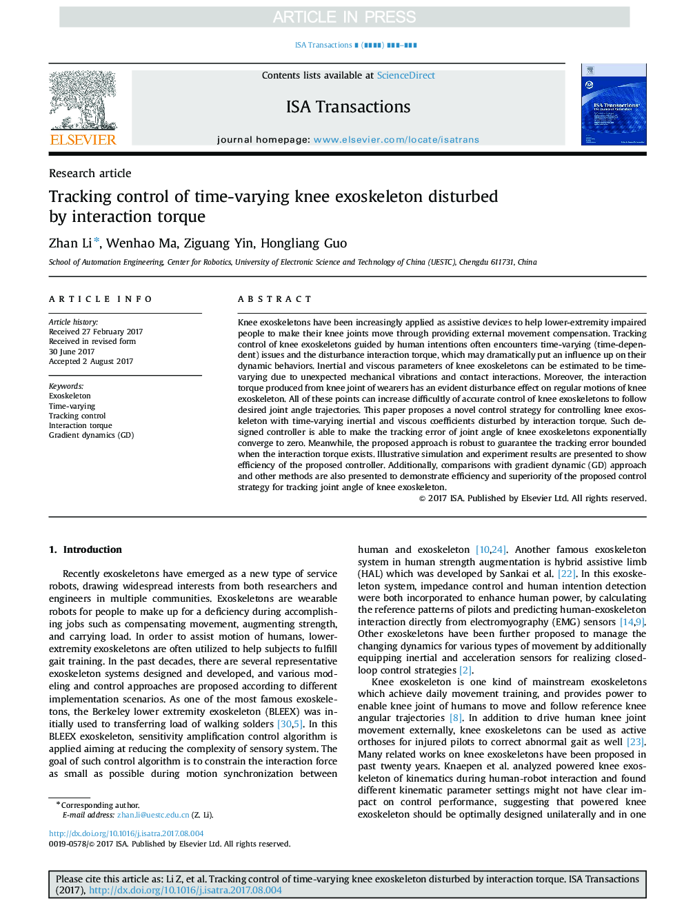 Tracking control of time-varying knee exoskeleton disturbed by interaction torque