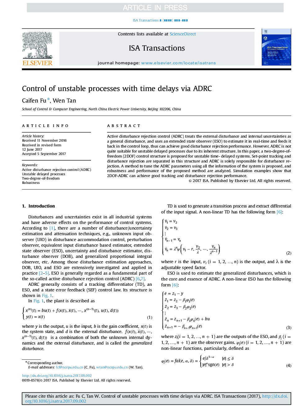 Control of unstable processes with time delays via ADRC