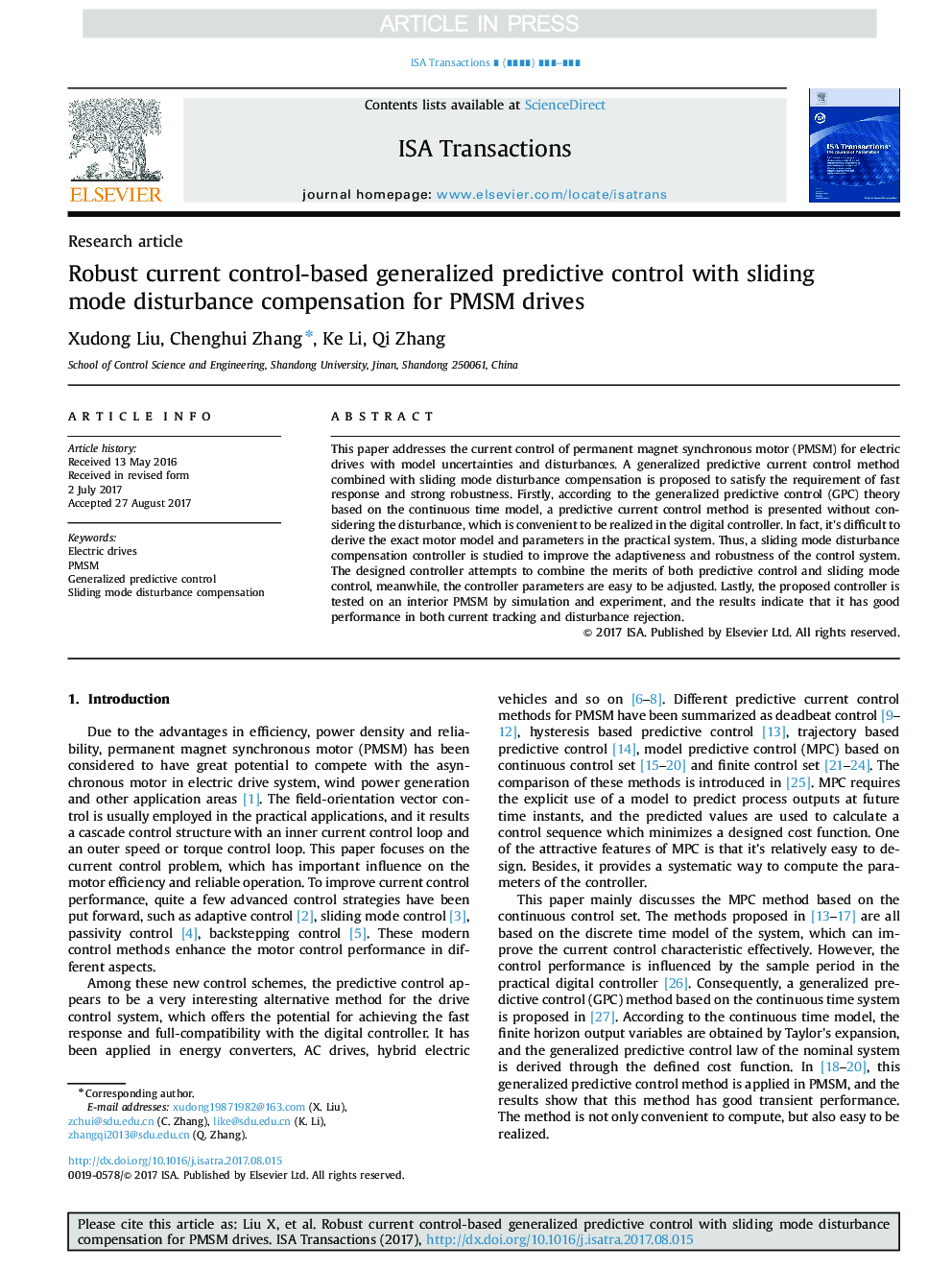 Robust current control-based generalized predictive control with sliding mode disturbance compensation for PMSM drives