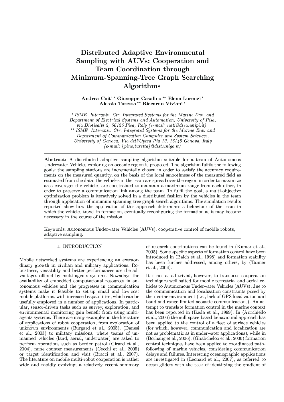 Distributed Adaptive Environmental Sampling with AUVs: Cooperation and Team Coordination through Minimum-Spanning-Tree Graph Searching Algorithms