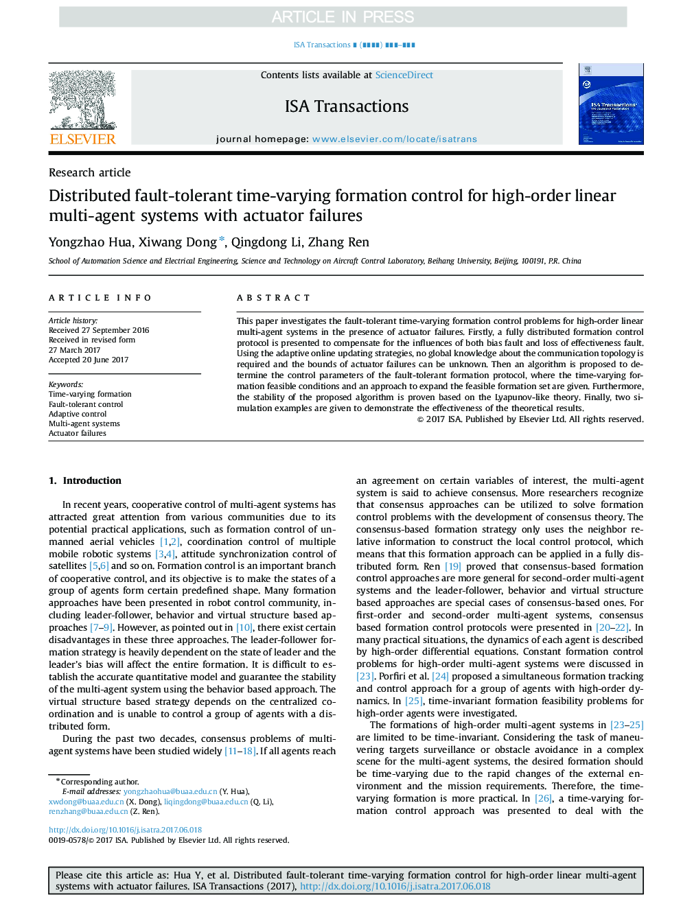 Distributed fault-tolerant time-varying formation control for high-order linear multi-agent systems with actuator failures