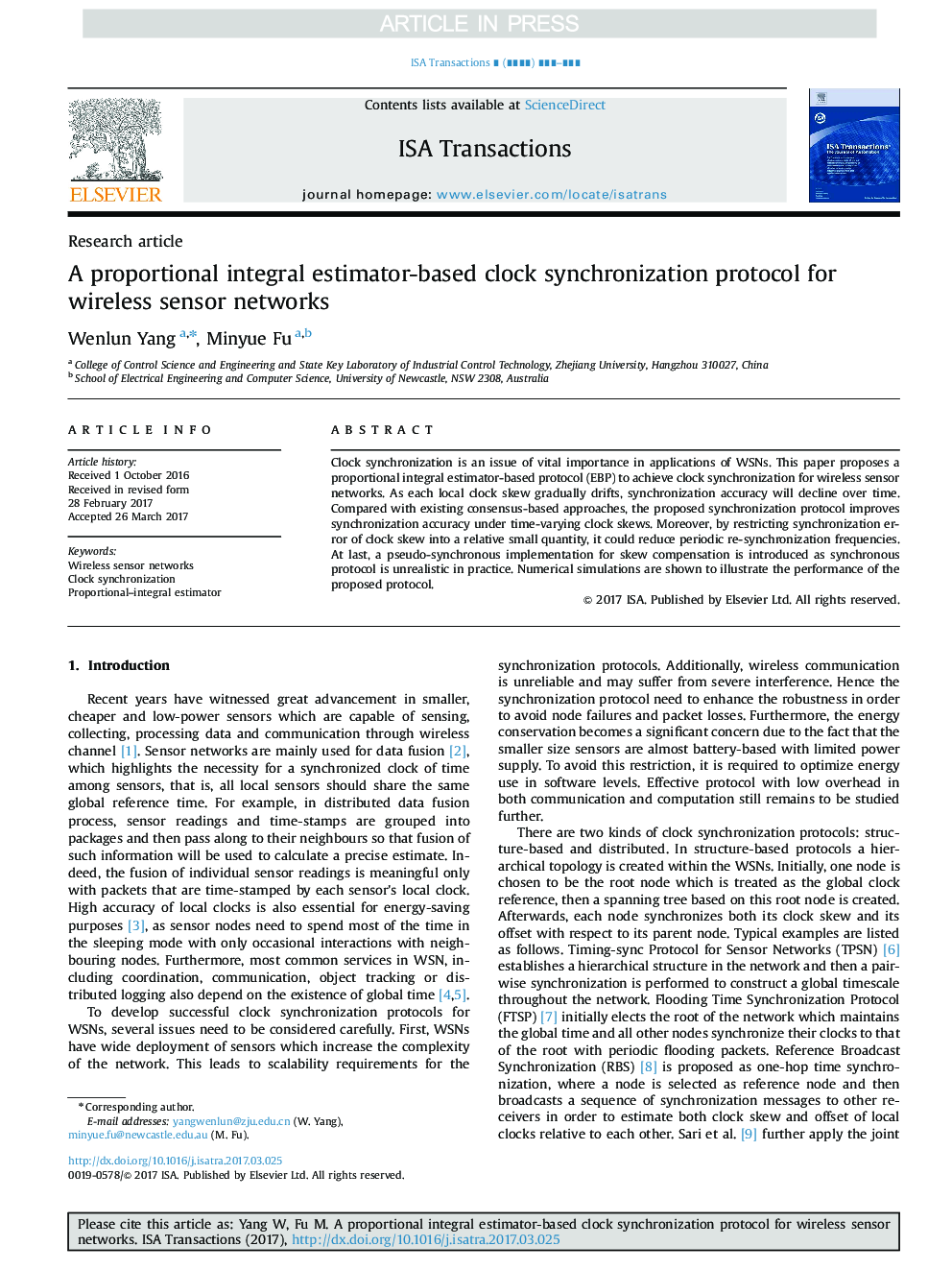 A proportional integral estimator-based clock synchronization protocol for wireless sensor networks