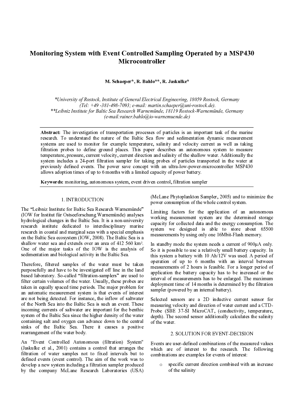 Monitoring System with Event Controlled Sampling Operated by a MSP430 Microcontroller