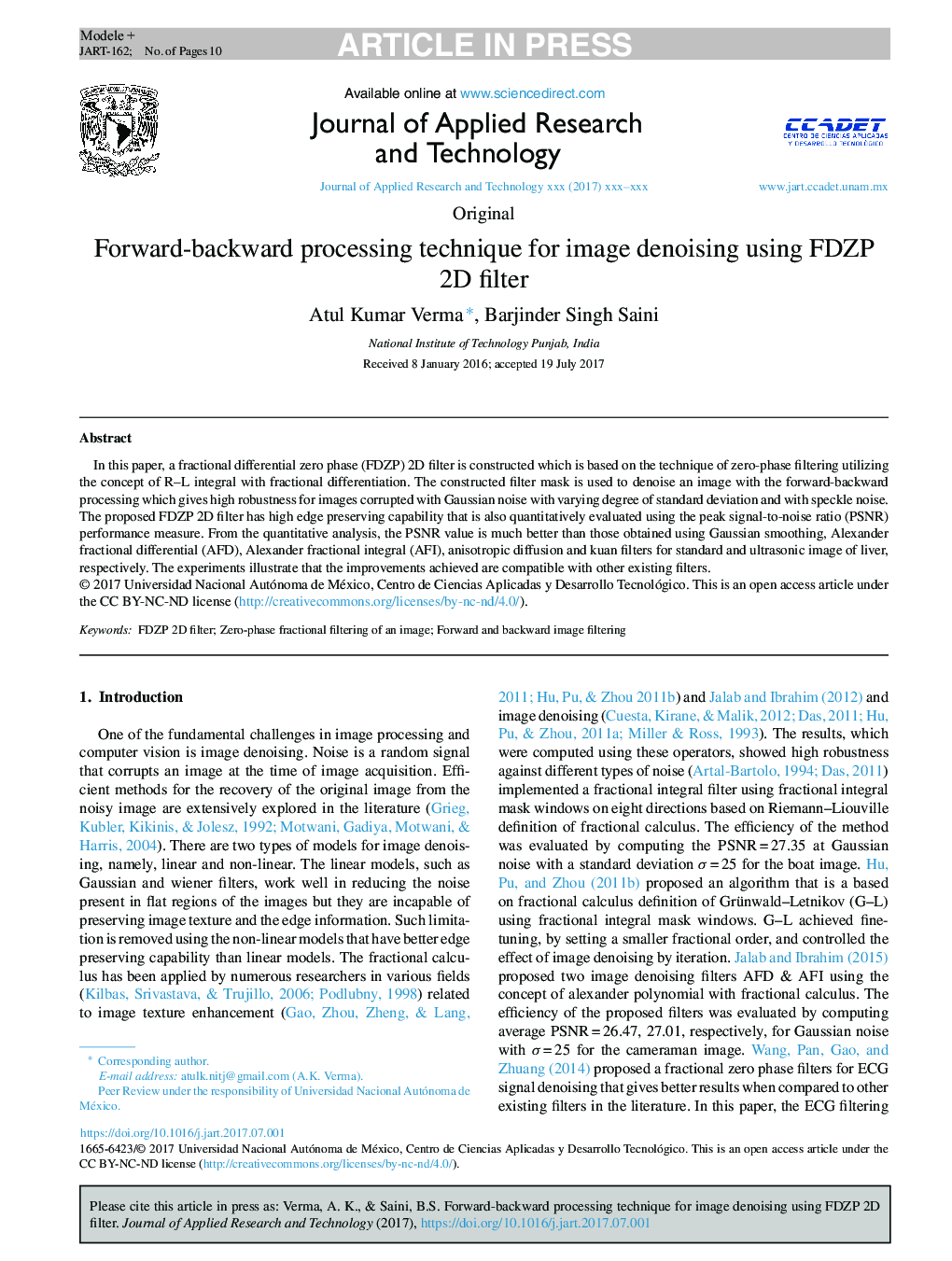 Forward-backward processing technique for image denoising using FDZP 2D filter