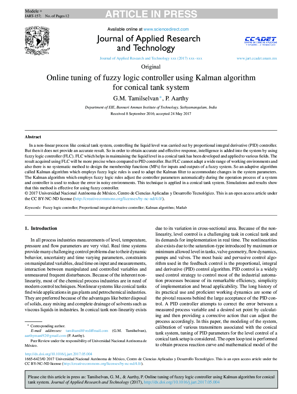 Online tuning of fuzzy logic controller using Kalman algorithm for conical tank system