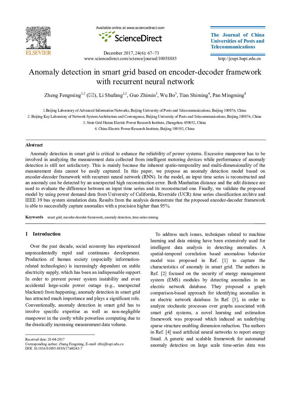 Anomaly detection in smart grid based on encoder-decoder framework with recurrent neural network