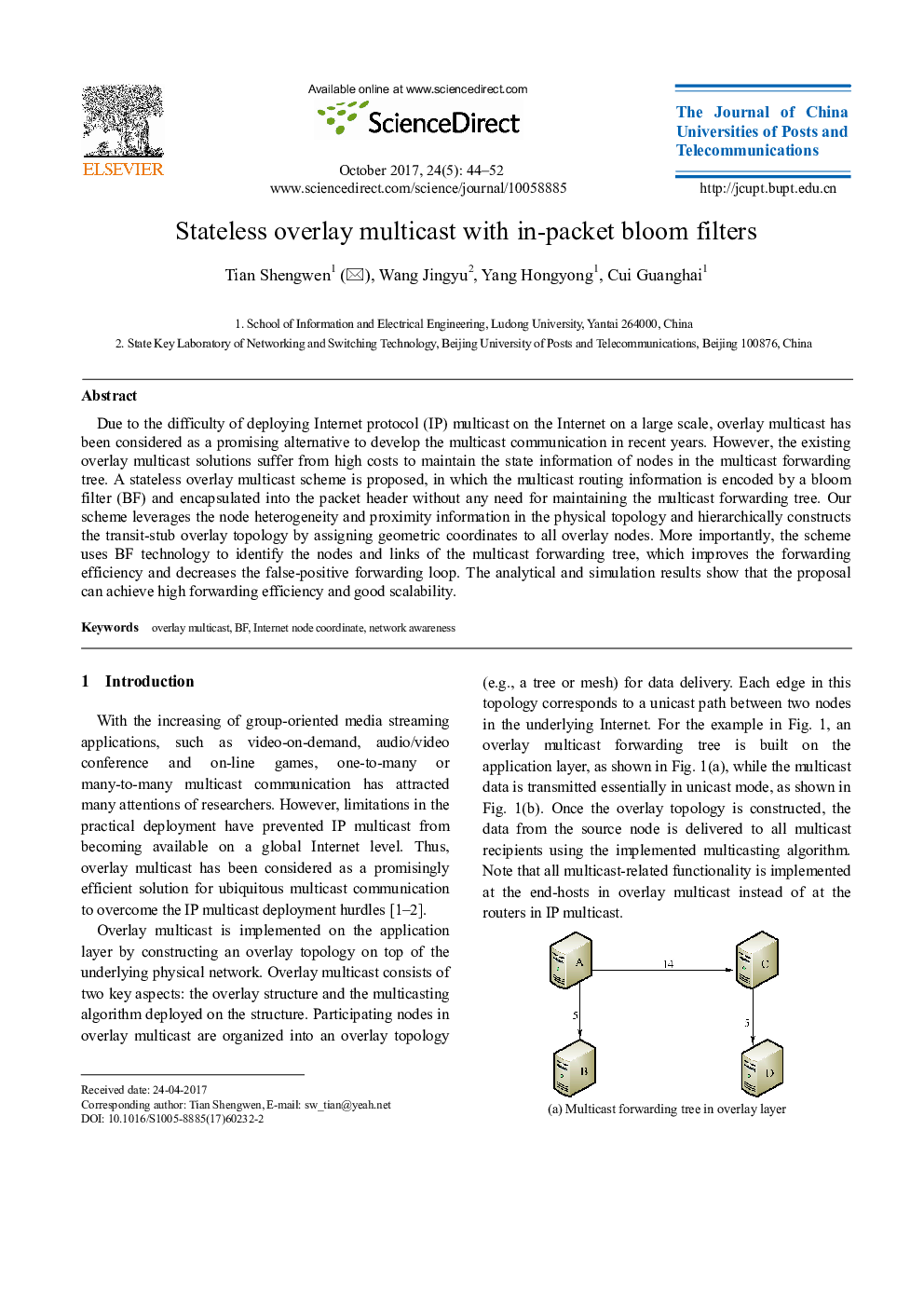 Stateless overlay multicast with in-packet bloom filters