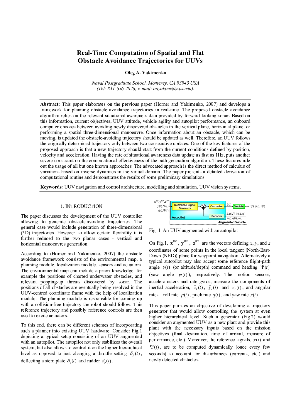 Real-Time Computation of Spatial and Flat Obstacle Avoidance Trajectories for UUVs