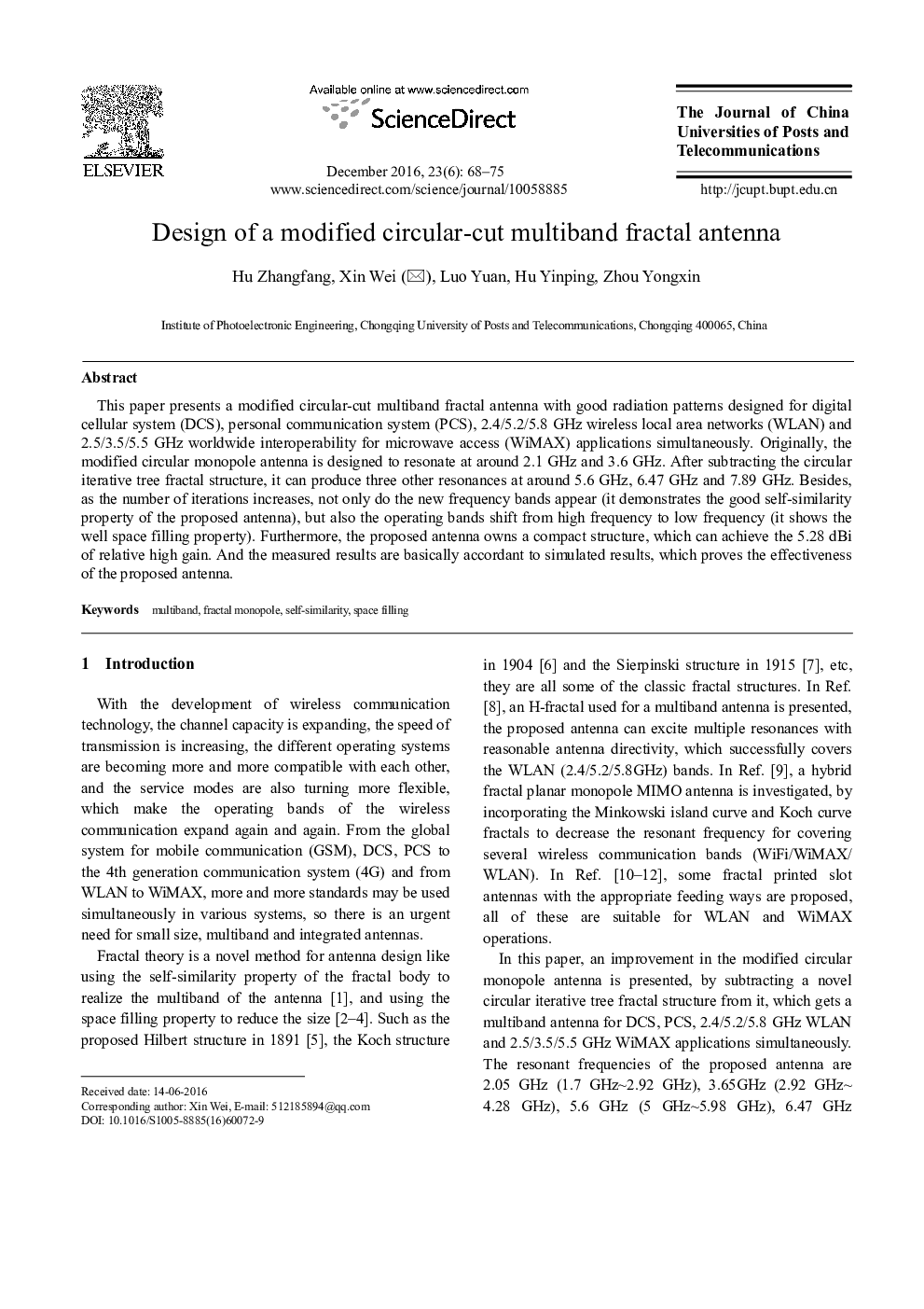 Design of a modified circular-cut multiband fractal antenna