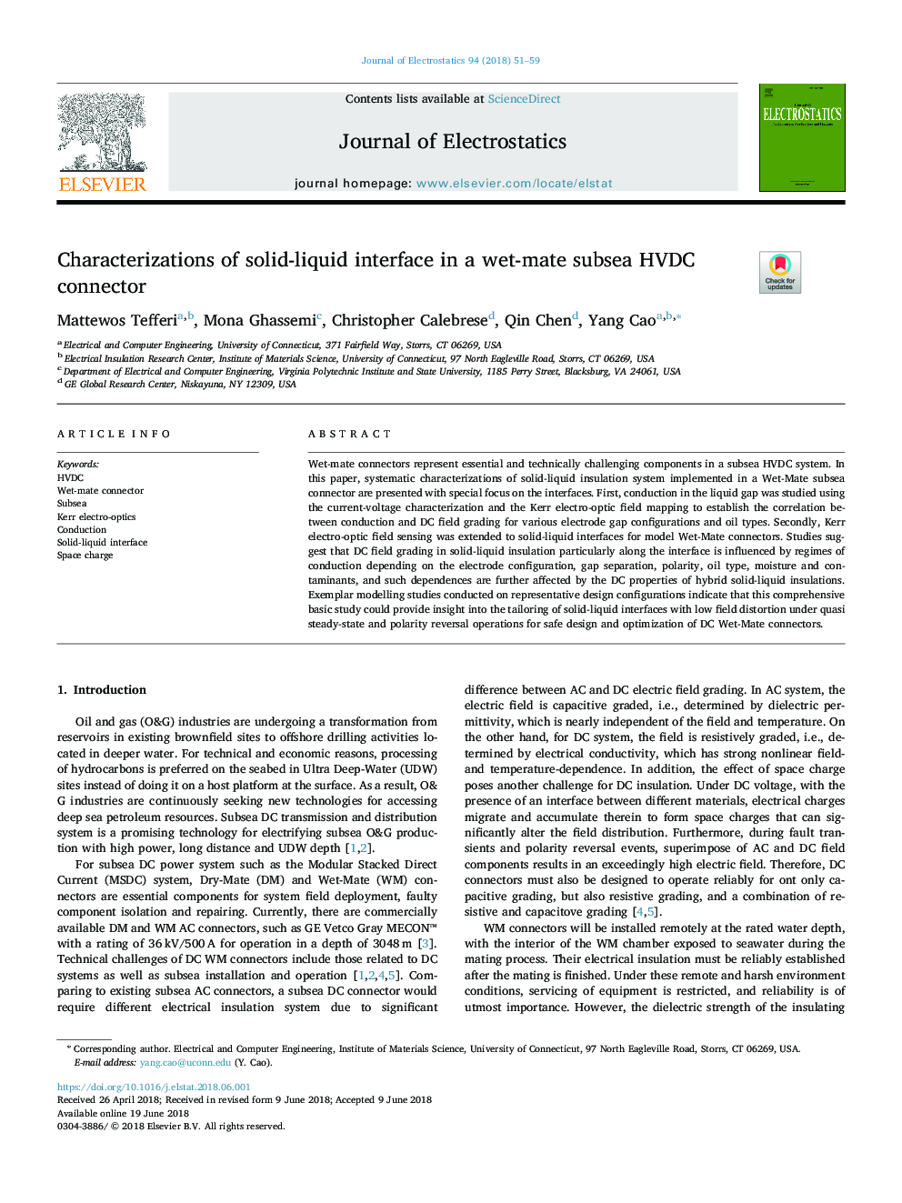 Characterizations of solid-liquid interface in a wet-mate subsea HVDC connector