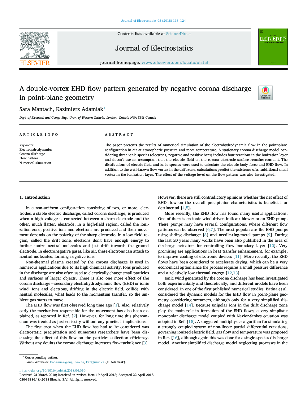 A double-vortex EHD flow pattern generated by negative corona discharge in point-plane geometry