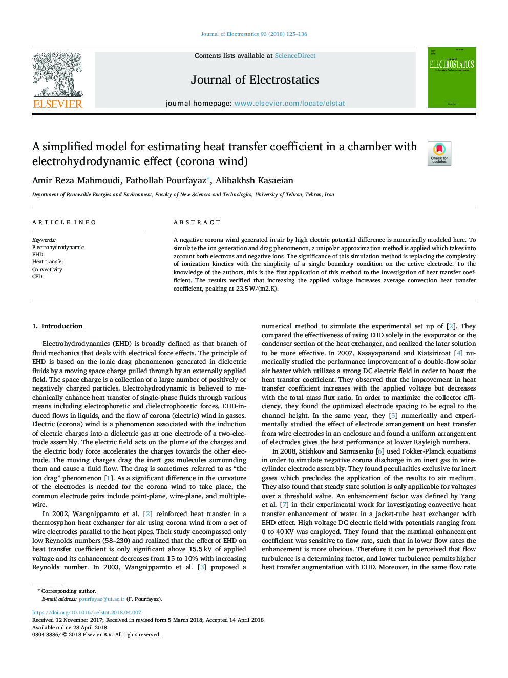 A simplified model for estimating heat transfer coefficient in a chamber with electrohydrodynamic effect (corona wind)