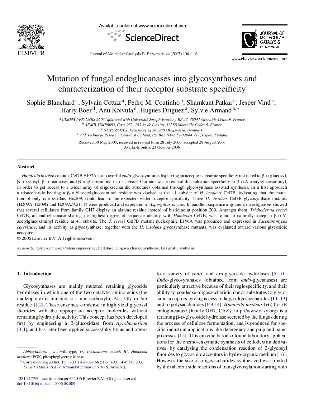 Mutation of fungal endoglucanases into glycosynthases and characterization of their acceptor substrate specificity