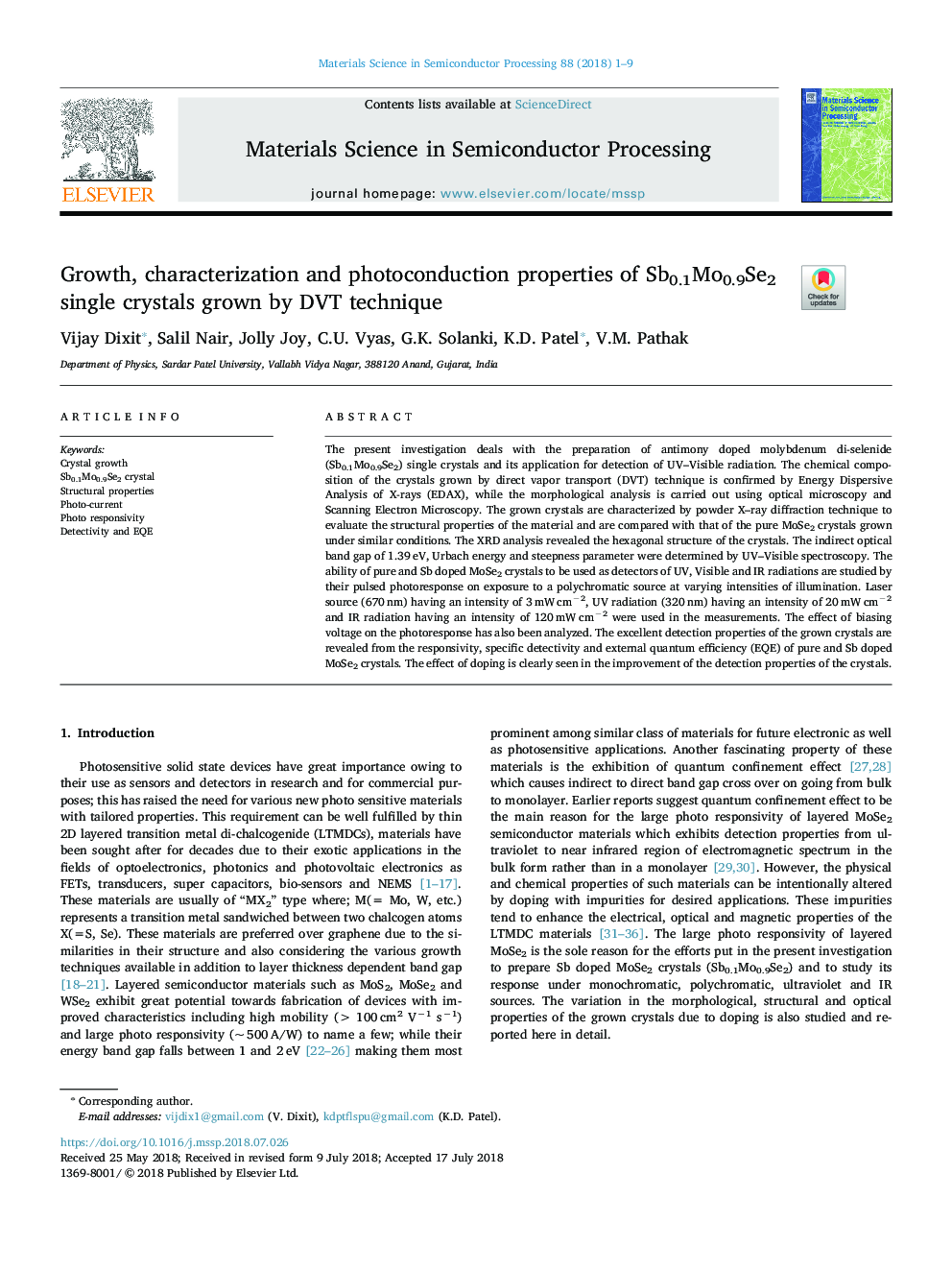 Growth, characterization and photoconduction properties of Sb0.1Mo0.9Se2 single crystals grown by DVT technique