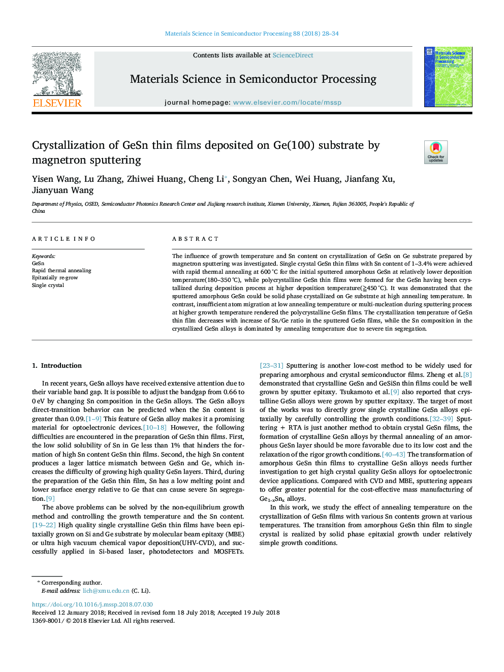 Crystallization of GeSn thin films deposited on Ge(100) substrate by magnetron sputtering