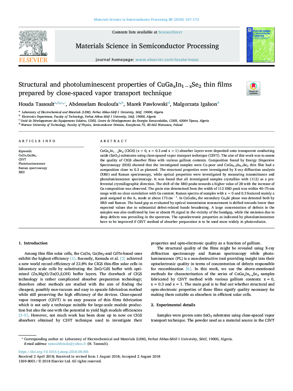 Structural and photoluminescent properties of CuGaxIn1âxSe2 thin films prepared by close-spaced vapor transport technique