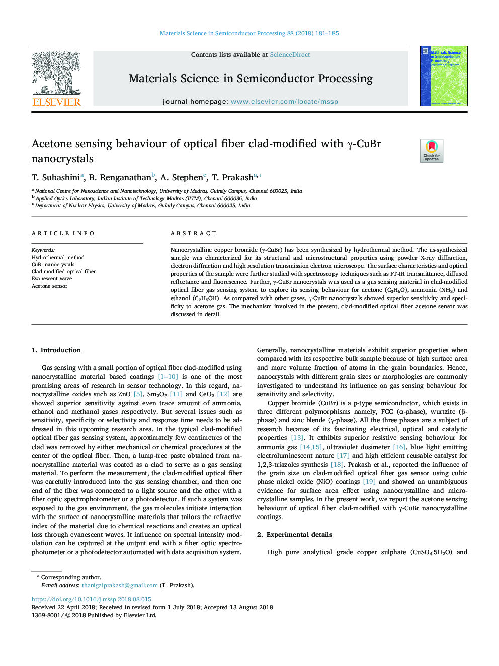 Acetone sensing behaviour of optical fiber clad-modified with Î³-CuBr nanocrystals