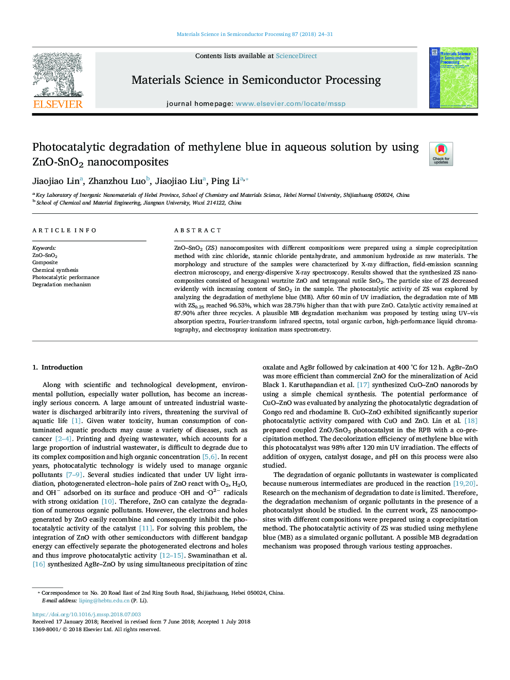 Photocatalytic degradation of methylene blue in aqueous solution by using ZnO-SnO2 nanocomposites