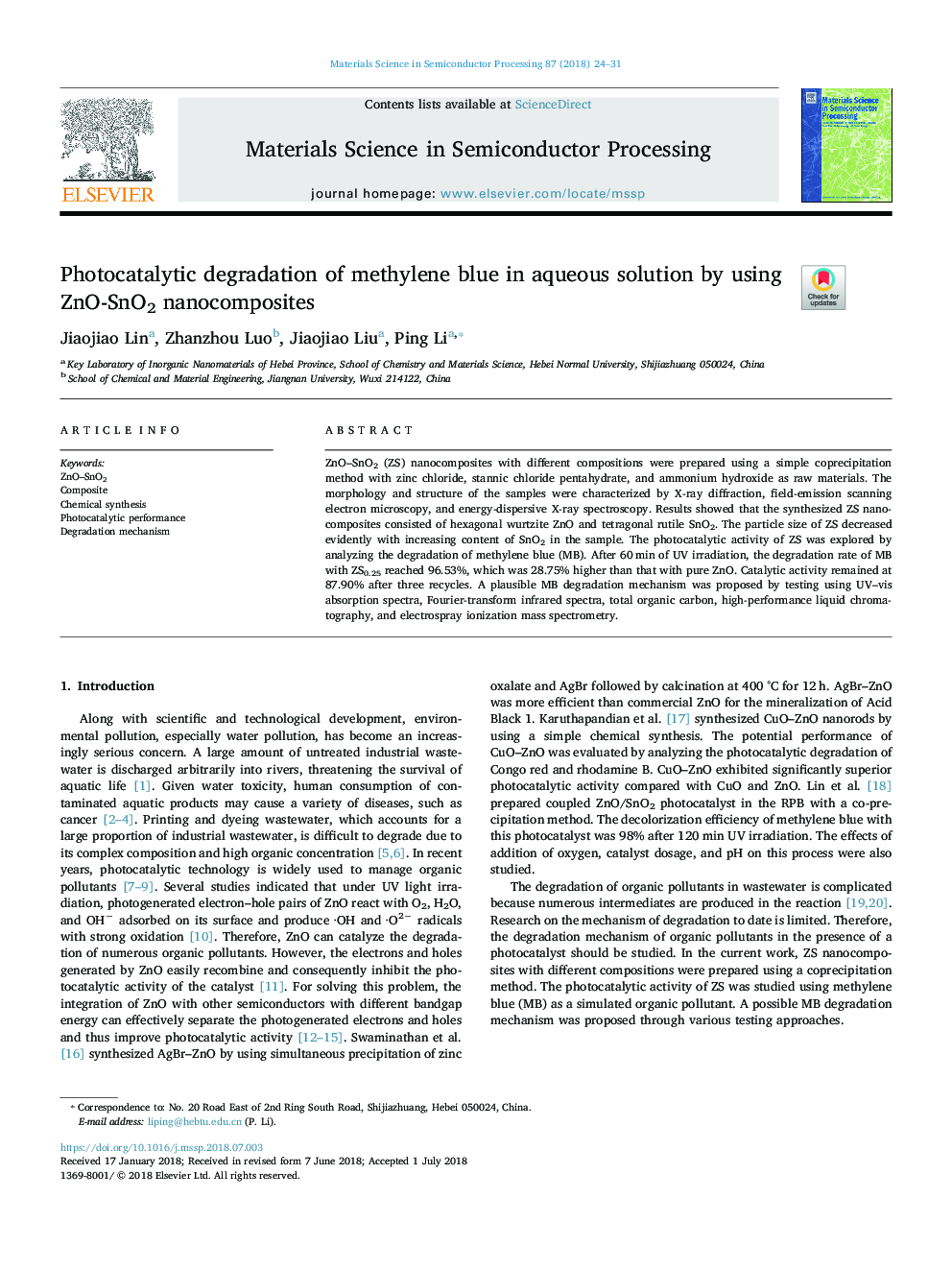 عکس صفحه اول مقاله: Photocatalytic degradation of methylene blue in aqueous solution by using ZnO-SnO2 nanocomposites Photocatalytic degradation of methylene blue in aqueous solution by using ZnO-SnO2 nanocomposites