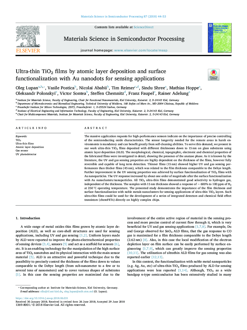 Ultra-thin TiO2 films by atomic layer deposition and surface functionalization with Au nanodots for sensing applications