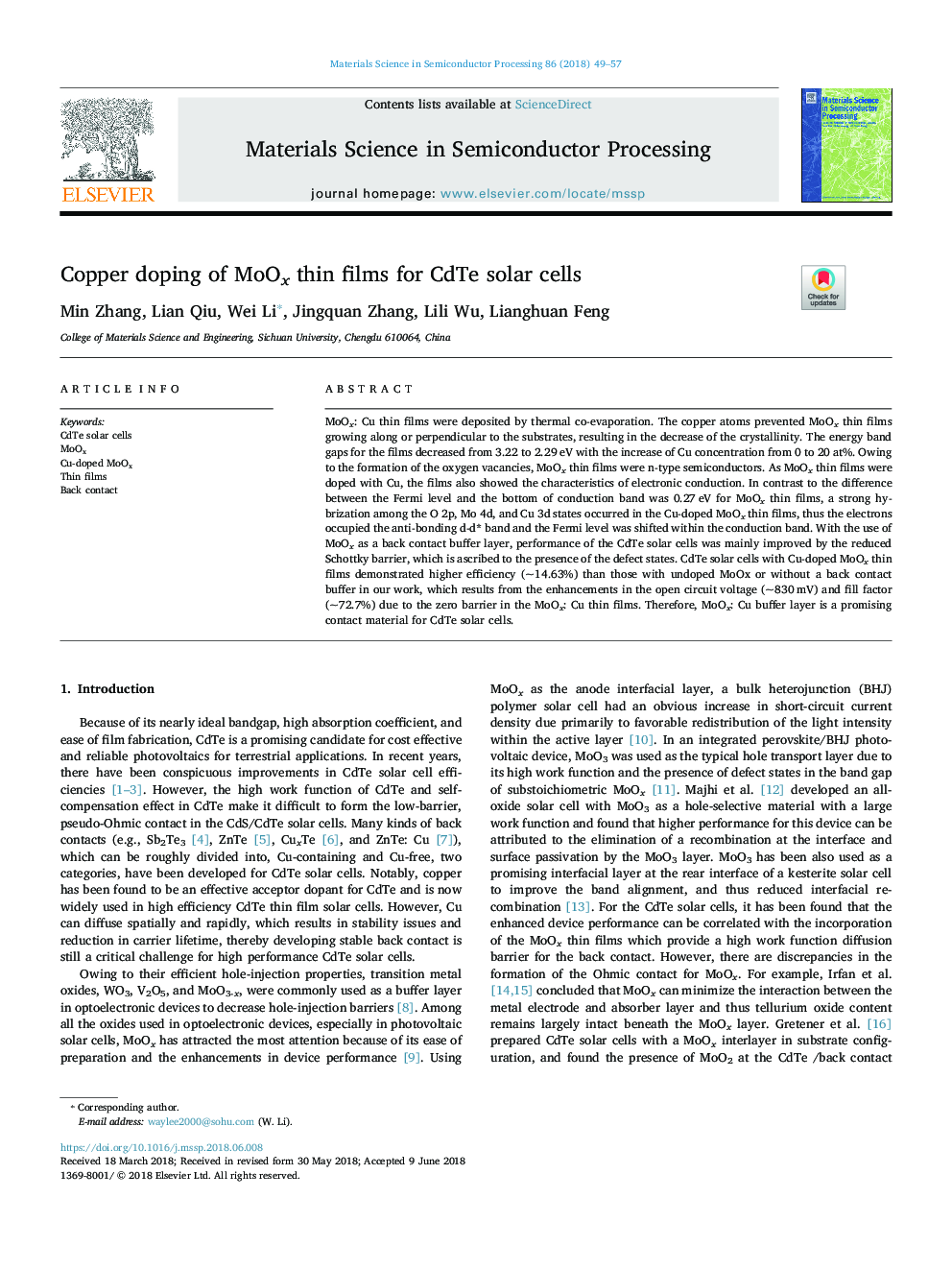 Copper doping of MoOx thin films for CdTe solar cells