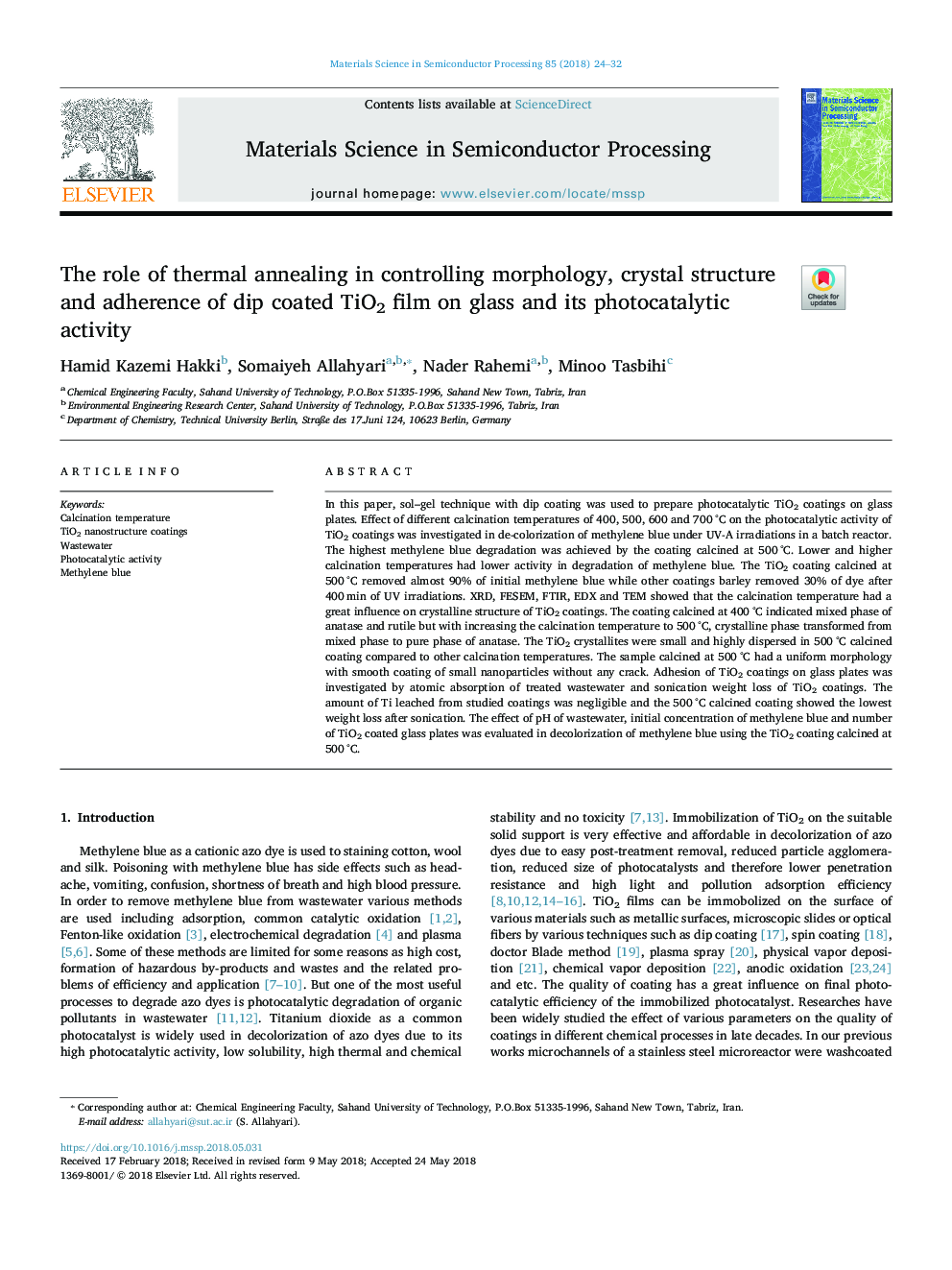 The role of thermal annealing in controlling morphology, crystal structure and adherence of dip coated TiO2 film on glass and its photocatalytic activity